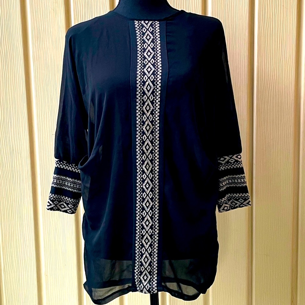 Anthropologie • Striving At Stars Blouse Top Tunic Black Sheer Tan Embroidery